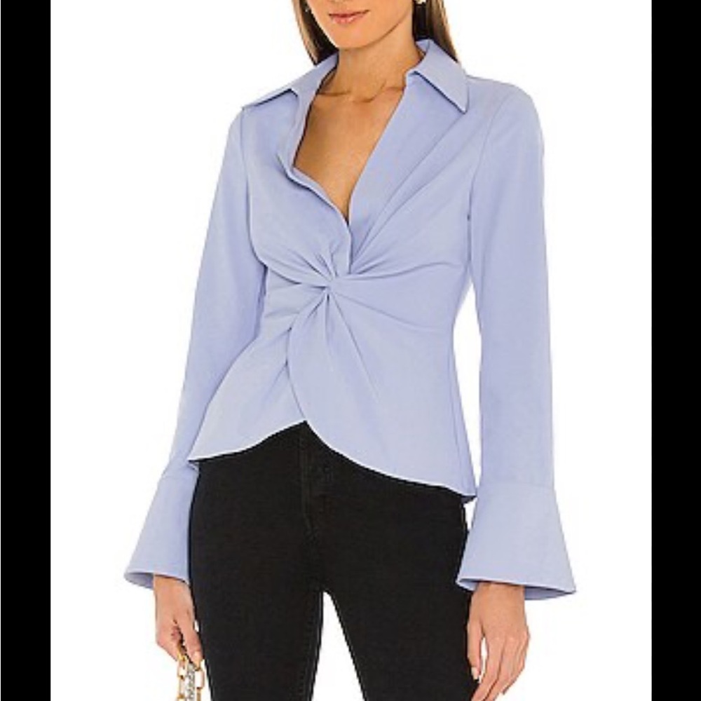 Cinq a Sept Gray Blouse with V-Neck Long Sleeves and Tie Front